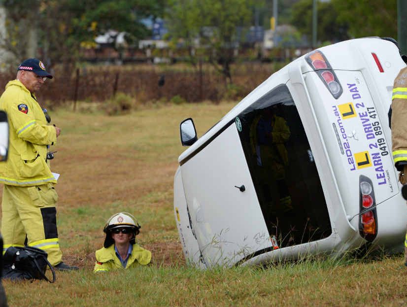 LESSON LEARNED: A driving lesson came to an abrupt end when the car ended up on its side at the corner of Arthur and George Streets. LESSON LEARNED: A driving lesson came to an abrupt end when the car ended up on its side at the corner of Arthur and George Streets.