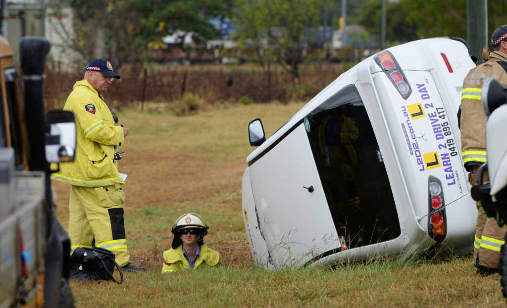 LESSON LEARNED: A driving lesson came to an abrupt end when the car ended up on its side at the corner of Arthur and George Streets. LESSON LEARNED: A driving lesson came to an abrupt end when the car ended up on its side at the corner of Arthur and George Streets.