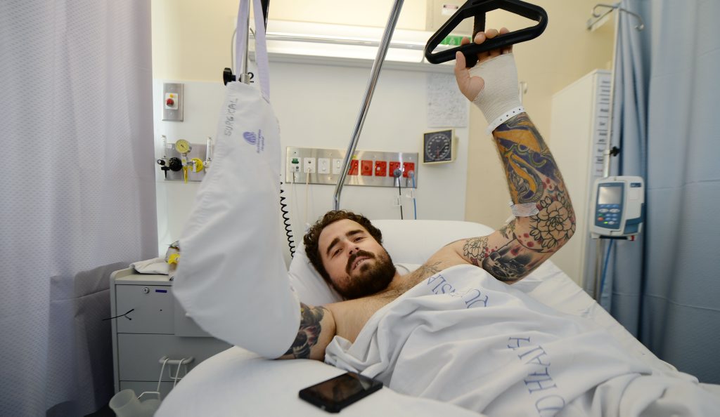 Ricky Durand pictured at the Rockhampton Hospital is lucky to be alive after being attacked by a 9ft barracuda while he was out spear fishing in Keppel Bay on the weekend. Photo: Chris Ison / The Morning Bulletin Ricky Durand pictured at the Rockhampton Hospital is lucky to be alive after being attacked by a 9ft barracuda while he was out spear fishing in Keppel Bay on the weekend. Photo: Chris Ison / The Morning Bulletin
