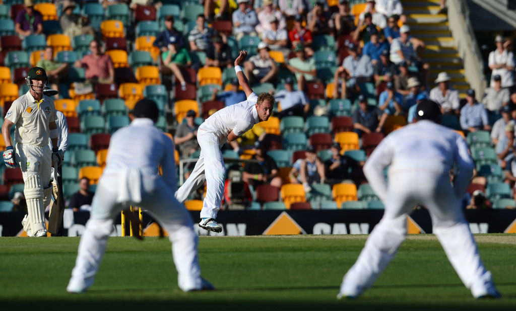 England's Stuart Broad bowls to take the wicket of Australia's Mitchell Johnson during day 1 of the first Ashes Test at the Gabba in Brisbane, Thursday, Nov. 21, 2013. England's Stuart Broad bowls to take the wicket of Australia's Mitchell Johnson during day 1 of the first Ashes Test at the Gabba in Brisbane, Thursday, Nov. 21, 2013.