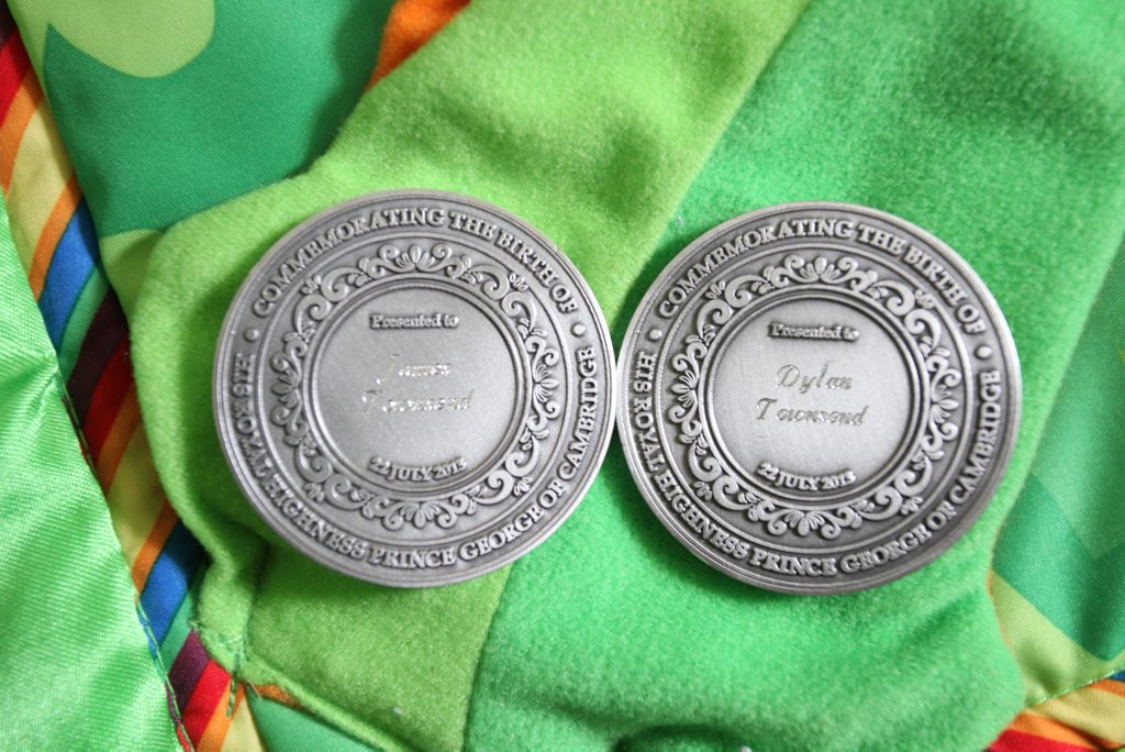 James and Dylan Townsend both received commemorative medallions for being born on Prince George of Cambridge's birthday. Photo Darryn Smith / Sunshine Coast Daily James and Dylan Townsend both received commemorative medallions for being born on Prince George of Cambridge's birthday. Photo Darryn Smith / Sunshine Coast Daily