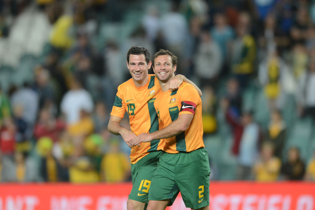 Australia's Lucas Neill and Ryan McGowan after their win over Costa Rica during the international friendly match between Australia and Costa Rica at Allianz Stadium in Sydney, Tuesday, Nov. 19, 2013. Australia's Lucas Neill and Ryan McGowan after their win over Costa Rica during the international friendly match between Australia and Costa Rica at Allianz Stadium in Sydney, Tuesday, Nov. 19, 2013.