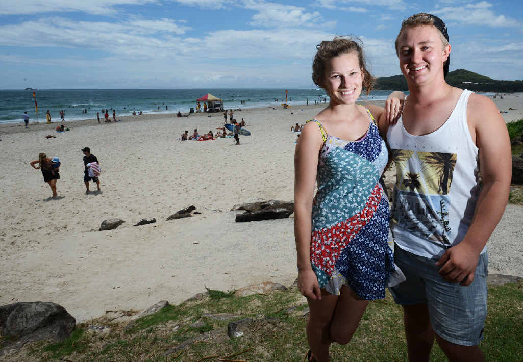 FUN TIMES: Schoolies Phoebe Lewis and Luke Brewer, both 18, of Newcastle, at Main Beach, Byron Bay. FUN TIMES: Schoolies Phoebe Lewis and Luke Brewer, both 18, of Newcastle, at Main Beach, Byron Bay.