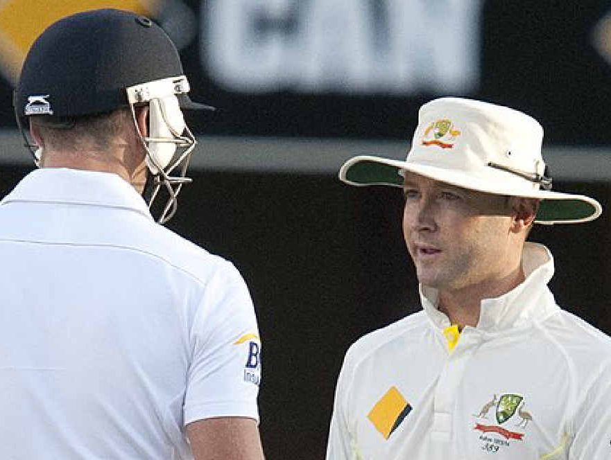 YAWN: England’s James Anderson and Australia captain Michael Clarke during an alleged moment of “drama”. YAWN: England’s James Anderson and Australia captain Michael Clarke during an alleged moment of “drama”.