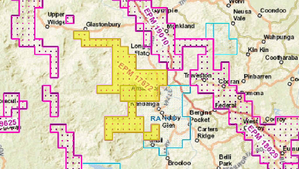 The area in yellow indicates the Mary Valley land where mining company Eclipse Metals has two permits to explore. The area in yellow indicates the Mary Valley land where mining company Eclipse Metals has two permits to explore.
