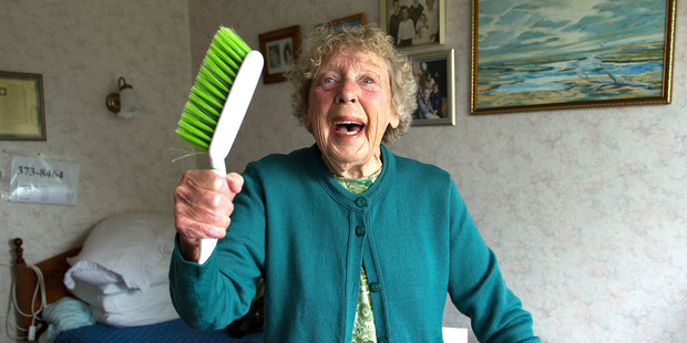 Christchurch great-grandmother Lois Kennedy, now 84, launched herself at her terrified neighbour's attacker with a heart brush. Christchurch great-grandmother Lois Kennedy, now 84, launched herself at her terrified neighbour's attacker with a heart brush.