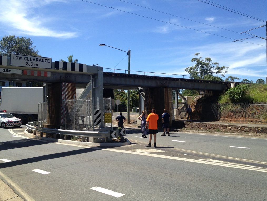 Semi trailer stuck under rail bridge at Palmwoods. Semi trailer stuck under rail bridge at Palmwoods.