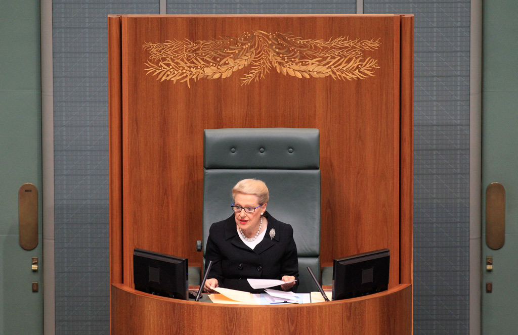 Newly appointed Speaker Bronwyn Bishop addresses the Parliament during the opening of the 44th parliament at Parliament House in Canberra. Newly appointed Speaker Bronwyn Bishop addresses the Parliament during the opening of the 44th parliament at Parliament House in Canberra.