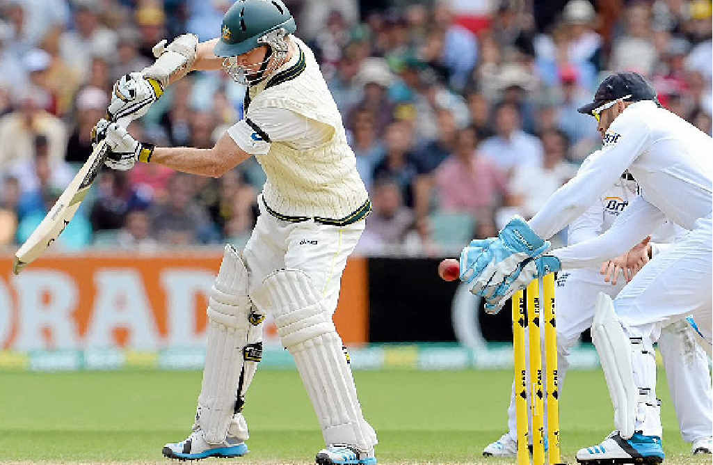ROGERS AND OUT: Australian batsman Chris Rogers edges the ball to England wicketkeeper Matt Prior and is caught off the bowling of Graeme Swann. ROGERS AND OUT: Australian batsman Chris Rogers edges the ball to England wicketkeeper Matt Prior and is caught off the bowling of Graeme Swann.