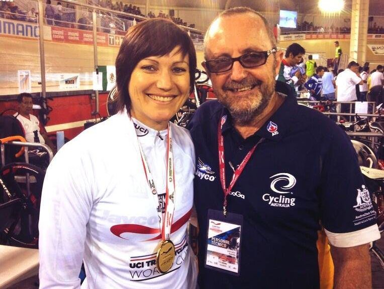 Anna Meares celebrates with her coach Gary West after winning gold and setting a new world record in the women's 500m time trial at the UCI Mexico Track World Cup. Anna Meares celebrates with her coach Gary West after winning gold and setting a new world record in the women's 500m time trial at the UCI Mexico Track World Cup.
