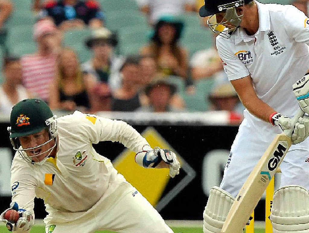 KEY WICKET: Brad Haddin dives to catch Joe Root for 87 at Adelaide Oval yesterday to complete 200 catches in Test cricket. KEY WICKET: Brad Haddin dives to catch Joe Root for 87 at Adelaide Oval yesterday to complete 200 catches in Test cricket.