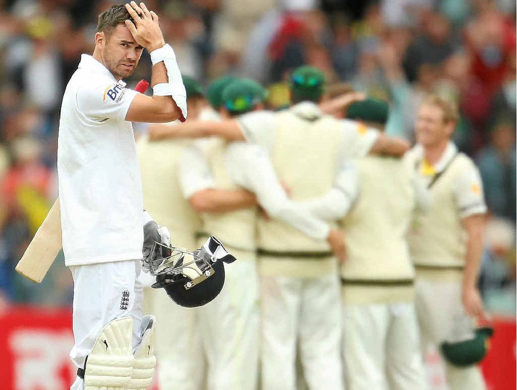 England’s Jimmy Anderson looks on disconsolately as Australia wins the second Test in Adelaide on Monday. England’s Jimmy Anderson looks on disconsolately as Australia wins the second Test in Adelaide on Monday.