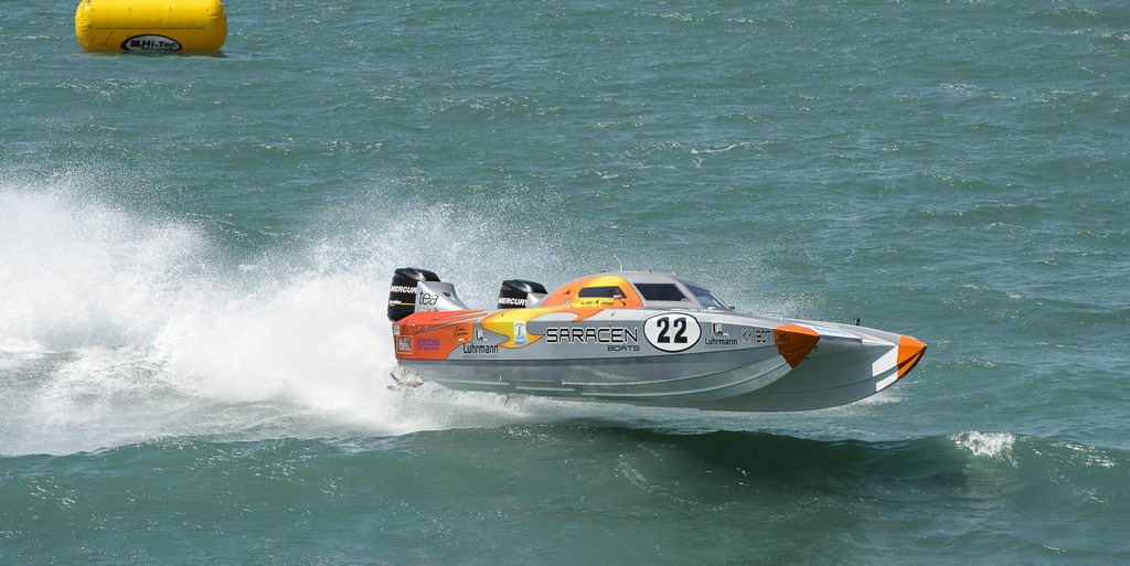 FLYING HIGH: Saracen gets some air on its way to sealing the 600hp championship series during the final round of the Offshore Superboat Championships at Hervey Bay. FLYING HIGH: Saracen gets some air on its way to sealing the 600hp championship series during the final round of the Offshore Superboat Championships at Hervey Bay.