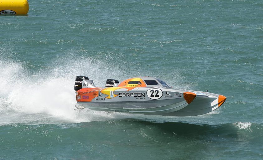 FLYING HIGH: Saracen gets some air on its way to sealing the 600hp championship series during the final round of the Offshore Superboat Championships at Hervey Bay. FLYING HIGH: Saracen gets some air on its way to sealing the 600hp championship series during the final round of the Offshore Superboat Championships at Hervey Bay.