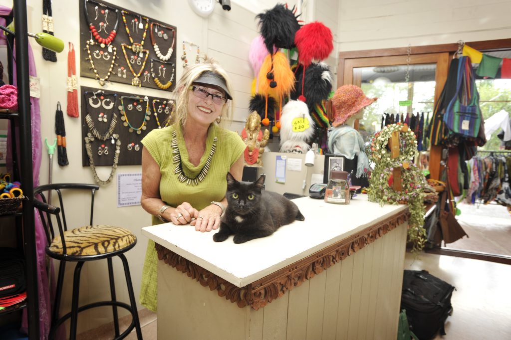Lesley Clere of OzKat clothing shop in Nimbin, with Shoppy now called Hoppy after loosing one leg. Photo Mireille Merlet-Shaw / The Northern Star Lesley Clere of OzKat clothing shop in Nimbin, with Shoppy now called Hoppy after loosing one leg. Photo Mireille Merlet-Shaw / The Northern Star