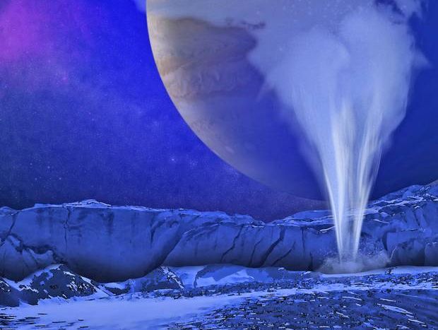 Artistic illustration of Europa's icy surface with a water jet in the foreground and Jupiter and the Sun in the background
Image courtesy of K. Retherford, Southwest Research Institute Artistic illustration of Europa's icy surface with a water jet in the foreground and Jupiter and the Sun in the background
Image courtesy of K. Retherford, Southwest Research Institute