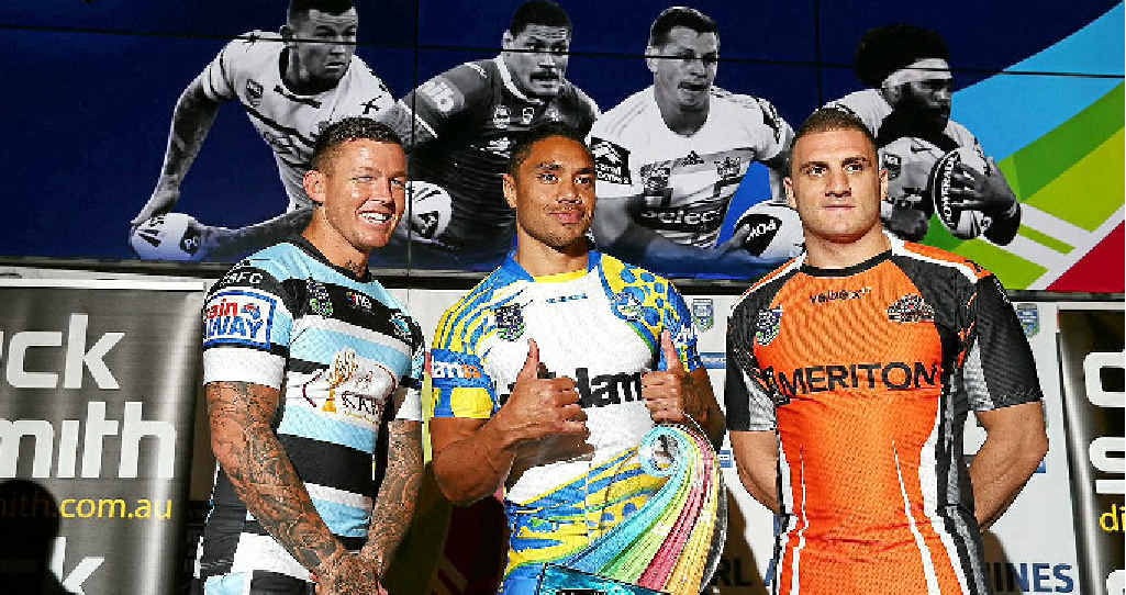 LAUNCH: (From left) Todd Carney, of the Cronulla Sharks, Willie Tonga, of the Parramatta Eels, and Robbie Farah, of the Wests Tigers, pose with the NRL Auckland Nines trophy in Sydney yesterday. LAUNCH: (From left) Todd Carney, of the Cronulla Sharks, Willie Tonga, of the Parramatta Eels, and Robbie Farah, of the Wests Tigers, pose with the NRL Auckland Nines trophy in Sydney yesterday.
