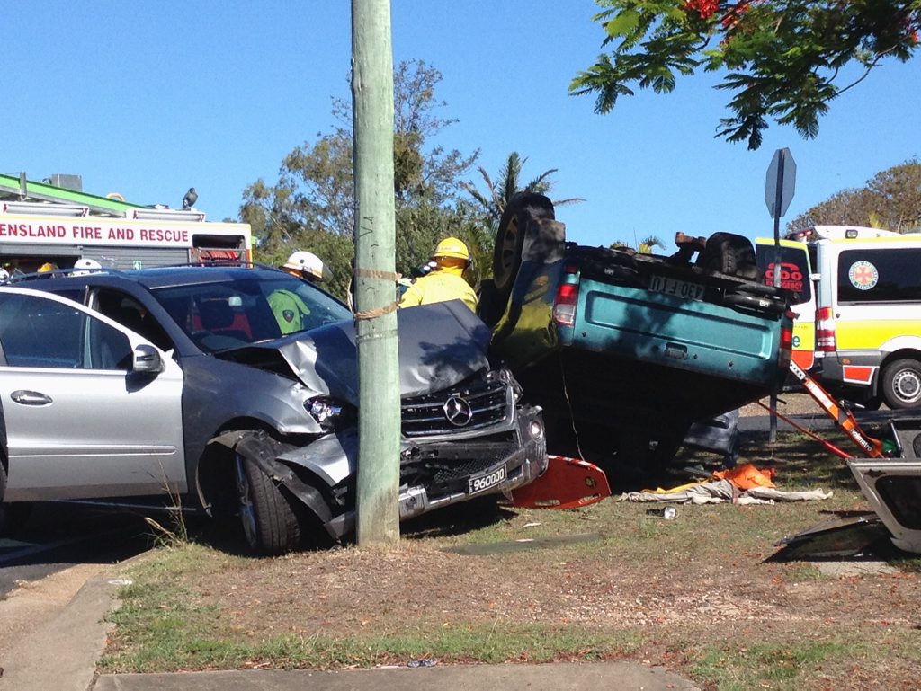 A two-vehicle crash on the intersection of Boat Harbour Dr and Queens Rd in Hervey Bay. A two-vehicle crash on the intersection of Boat Harbour Dr and Queens Rd in Hervey Bay.