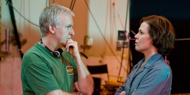 Director James Cameron with actor Sigourney Weaver on the set of the movie Avatar, which was filmed in New Zealand. Director James Cameron with actor Sigourney Weaver on the set of the movie Avatar, which was filmed in New Zealand.