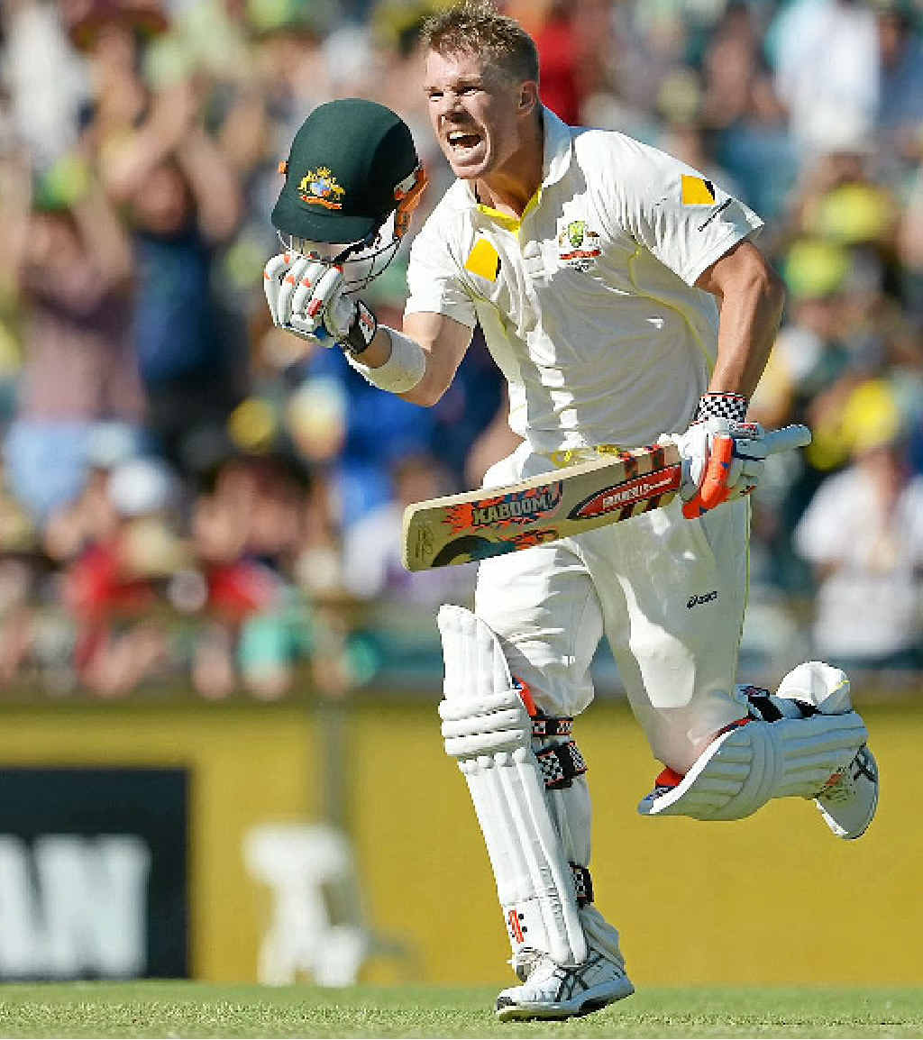 TON OF FUN: Australian batsman David Warner celebrates his century on the third day of the third Ashes cricket Test match in Perth yesterday. TON OF FUN: Australian batsman David Warner celebrates his century on the third day of the third Ashes cricket Test match in Perth yesterday.