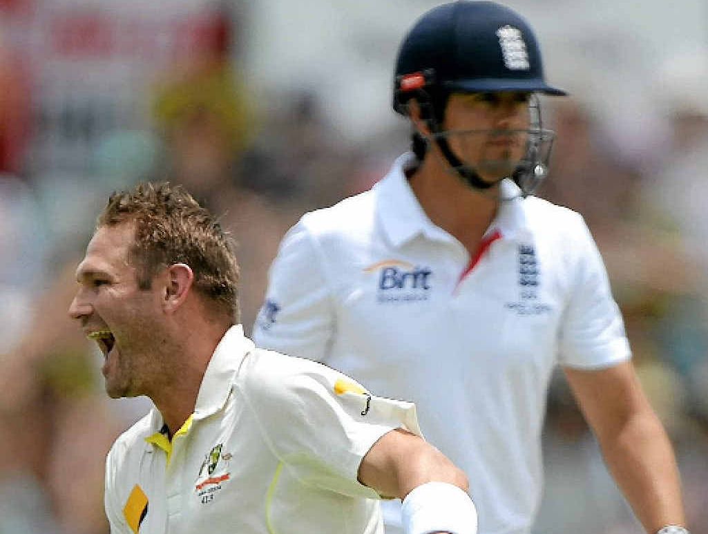 CAPTAIN COOKED: Ryan Harris celebrates dismissing England captain Alastair Cook first ball on day four at the WACA. CAPTAIN COOKED: Ryan Harris celebrates dismissing England captain Alastair Cook first ball on day four at the WACA.