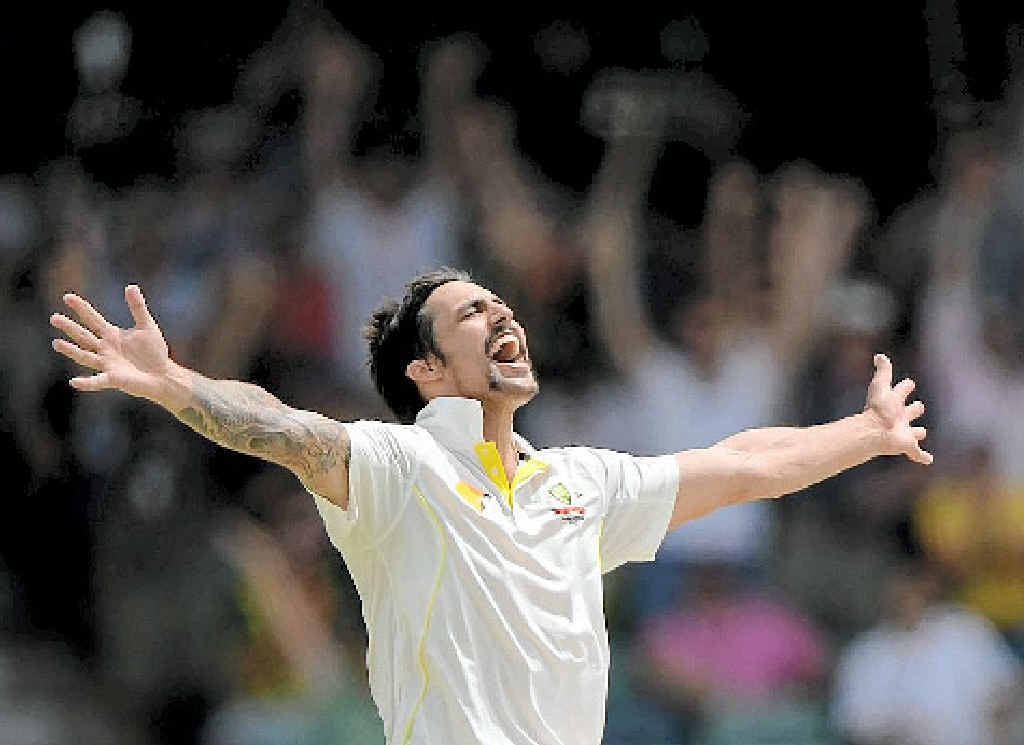 Mitchell Johnson celebrates taking the final wicket of James Anderson in Perth yesterday. Mitchell Johnson celebrates taking the final wicket of James Anderson in Perth yesterday.