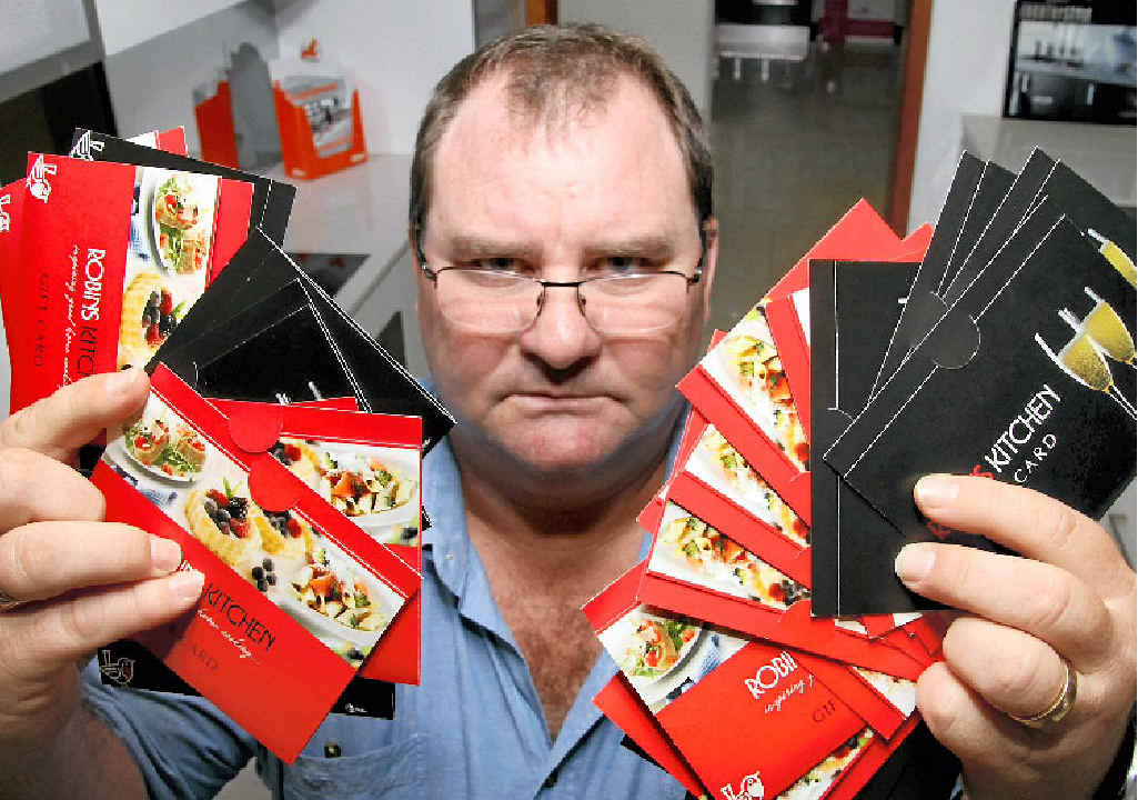 WHAT A WASTE: Regalline cabinets and Joinery Owner Rob Asnick was fuming after purchasing $1100 worth of Robins Kitchen gift cards which are now worthless. WHAT A WASTE: Regalline cabinets and Joinery Owner Rob Asnick was fuming after purchasing $1100 worth of Robins Kitchen gift cards which are now worthless.
