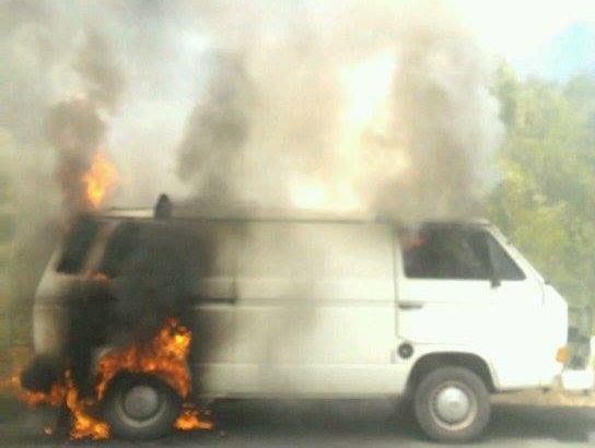 A van caught fire on the Pacific Highway, south of the Mullumbimby turn-off, about 1.20pm. A van caught fire on the Pacific Highway, south of the Mullumbimby turn-off, about 1.20pm.
