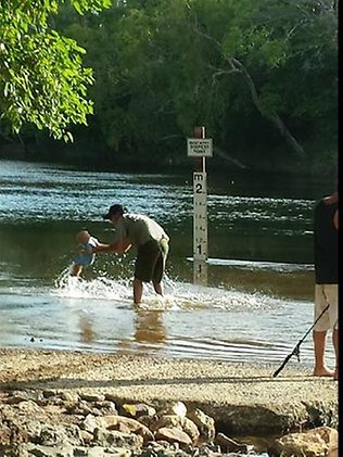 A Facebook photo showing a nine-month-old splashing at Cahills Crossing on the croc-infested East Alligator River. A Facebook photo showing a nine-month-old splashing at Cahills Crossing on the croc-infested East Alligator River.
