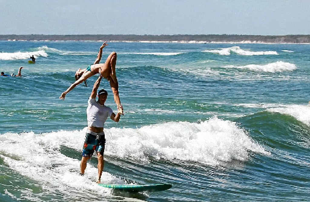 Fred and Lily Branger grab plenty of attention with their tandem surfing at Caloundra. Fred and Lily Branger grab plenty of attention with their tandem surfing at Caloundra.