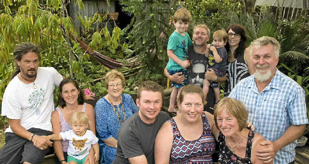 WELCOME HOME: Enjoying their trip home are (front) Jeremy Bougoure and Bree Chamberlain with Maryann and Arthur Bougoure with (back from left) Grant Russell, Kate Bougoure, Findlay Russell, Mary Wagner, Max Bougoure, Damian Bougoure, Alby Bougoure and Bec Bougoure.