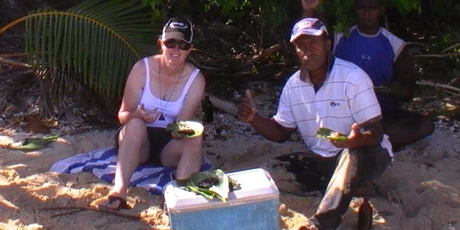 Mrs Austrin on holiday in Fiji eating the fish she believes made her so ill. Mrs Austrin on holiday in Fiji eating the fish she believes made her so ill.