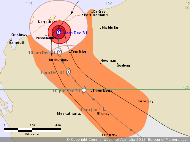 The tracking map issued for Cyclone Christine issued at 4:08 am WST Tuesday 31 December 2013. The tracking map issued for Cyclone Christine issued at 4:08 am WST Tuesday 31 December 2013.