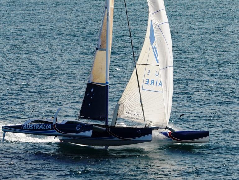The multi-hull Team Australia sails off the Glasshouse Mountains during the Brisbane to Gladstone yacht race. The multi-hull Team Australia sails off the Glasshouse Mountains during the Brisbane to Gladstone yacht race.
