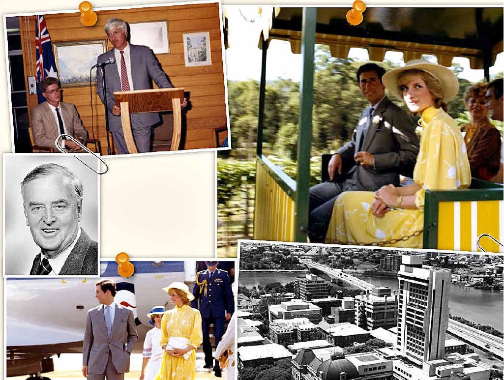 Bob Katter, Prince Charles and Princess Di at the Big Pineapple, an aerial shot of Queensland Parliament House, Prince Charles and Princess Di on tour and Sir Joh Bjelke-Petersen. Bob Katter, Prince Charles and Princess Di at the Big Pineapple, an aerial shot of Queensland Parliament House, Prince Charles and Princess Di on tour and Sir Joh Bjelke-Petersen.