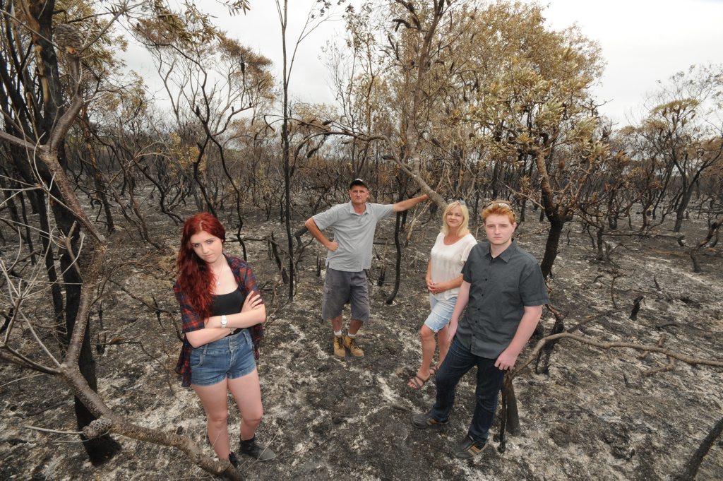 Ashleigh Jordan, Dad Martin, Mum Michelle, and Bailey Jordan of Tobin Close Lennox Head, the Bush Fire came within 50 meters of the Jordan property. Photo Doug Eaton / The Northern Star Ashleigh Jordan, Dad Martin, Mum Michelle, and Bailey Jordan of Tobin Close Lennox Head, the Bush Fire came within 50 meters of the Jordan property. Photo Doug Eaton / The Northern Star