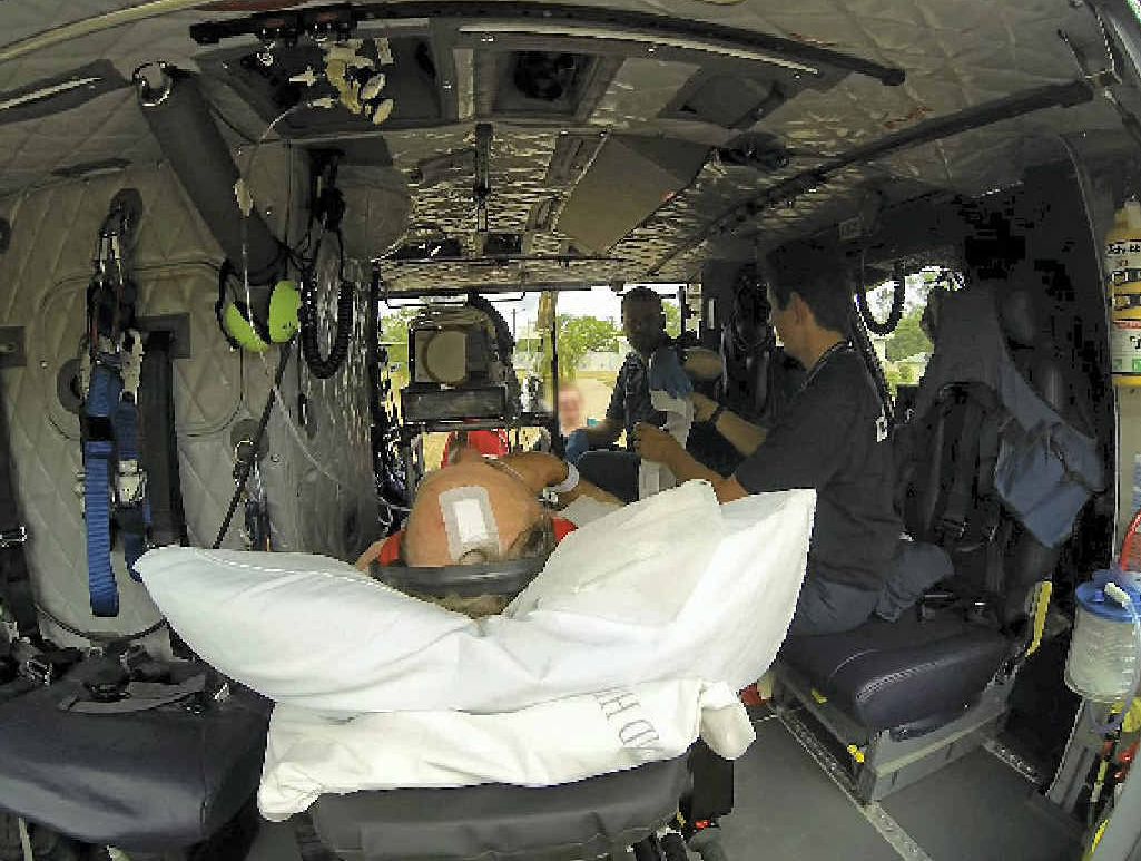 A patient being airlifted by the RACQ Rescue Helicopter. A patient being airlifted by the RACQ Rescue Helicopter.