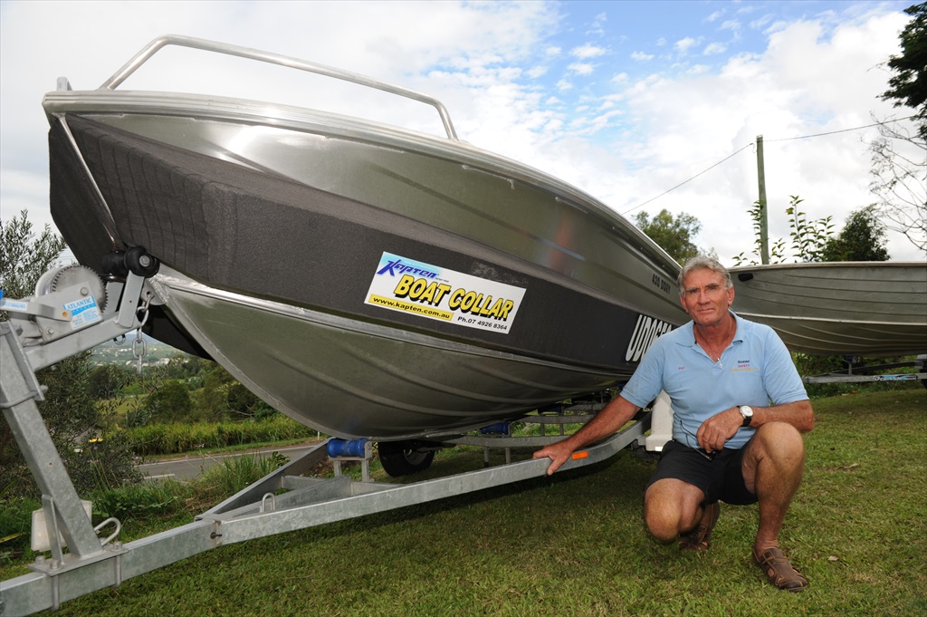 Nambour's Pat Jones with his revolutionary 'Kapten' boat collar. Nambour's Pat Jones with his revolutionary 'Kapten' boat collar.