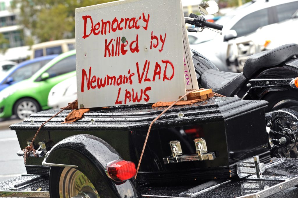 outside the Maroochydore courthouse where there was a rally against state government VLAD laws. Photo: Iain Curry / Sunshine Coast Daily outside the Maroochydore courthouse where there was a rally against state government VLAD laws. Photo: Iain Curry / Sunshine Coast Daily