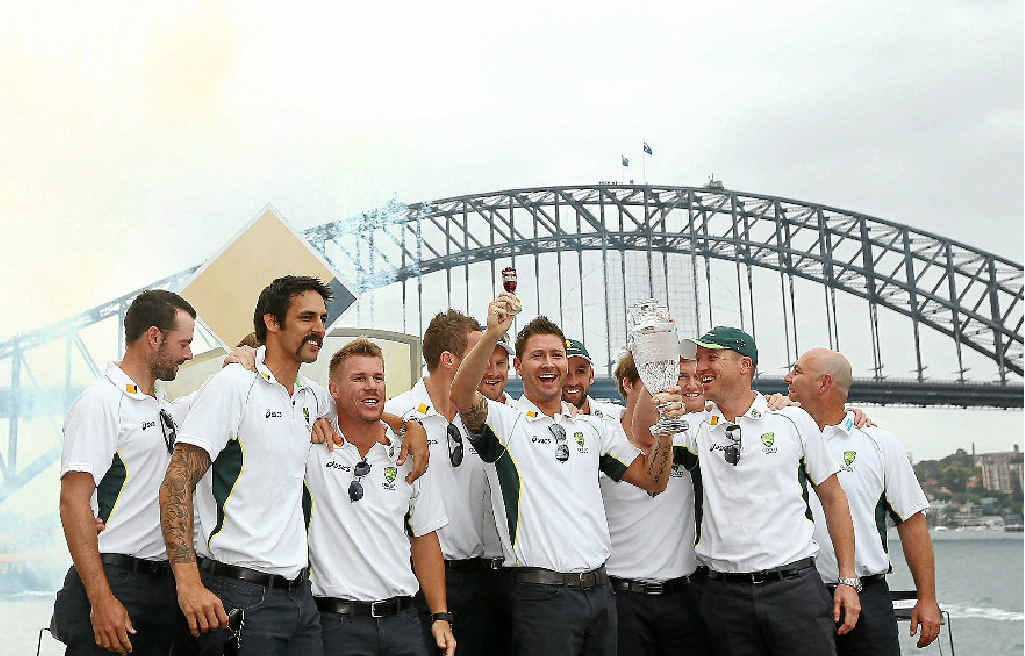 The Australian team (minus Chris Rogers) pose during the celebrations at Sydney Opera House yesterday. The Australian team (minus Chris Rogers) pose during the celebrations at Sydney Opera House yesterday.