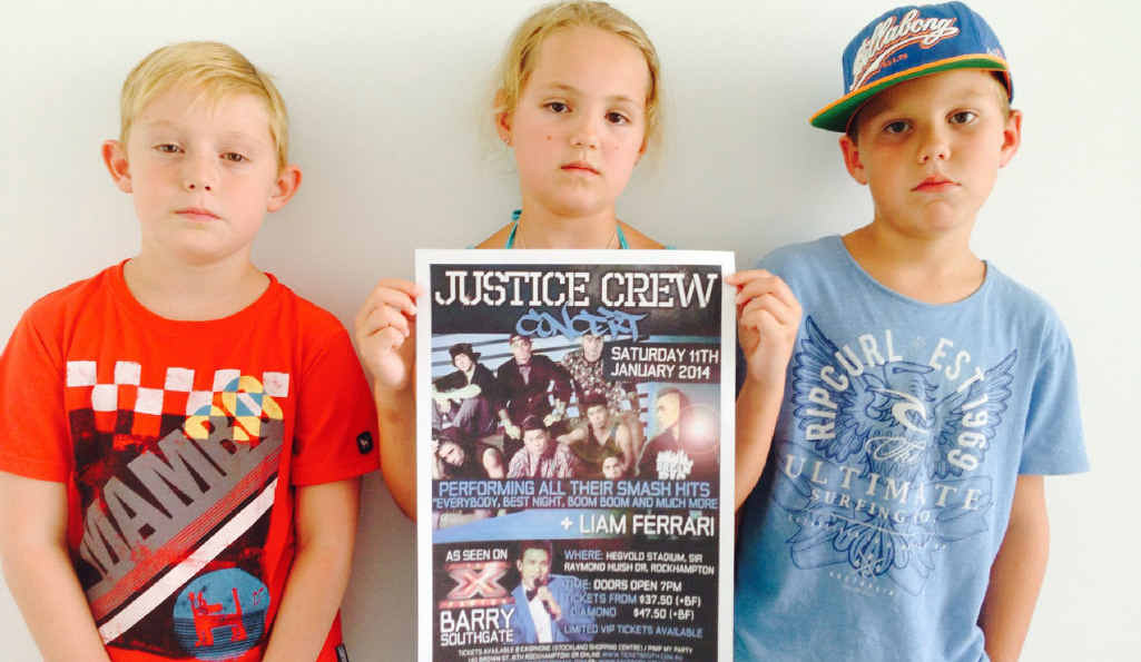 NO JUSTICE: Miller Breslin (9), Morgan Lewis (8) and Jace Bennet (7)feel a little bit disheartened they didn’t get to see Justice Crew. NO JUSTICE: Miller Breslin (9), Morgan Lewis (8) and Jace Bennet (7)feel a little bit disheartened they didn’t get to see Justice Crew.