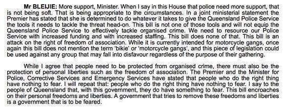 Hansard from 2009 shows Jarrod Bleijie opposing laws similar to VLAD. Hansard from 2009 shows Jarrod Bleijie opposing laws similar to VLAD.