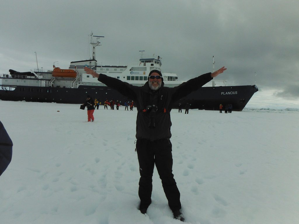 John Gardiner walks out on to the Antarctic pack ice. His ship, the Plancius, was able to break its way free after experiments were conducted in the ice. Photo: Contributed John Gardiner walks out on to the Antarctic pack ice. His ship, the Plancius, was able to break its way free after experiments were conducted in the ice. Photo: Contributed