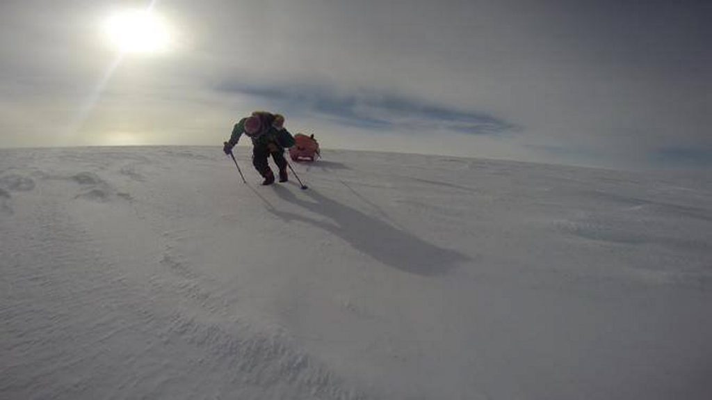 Dr Geoff Wilson has just passed the south pole with his boob sled in tow.