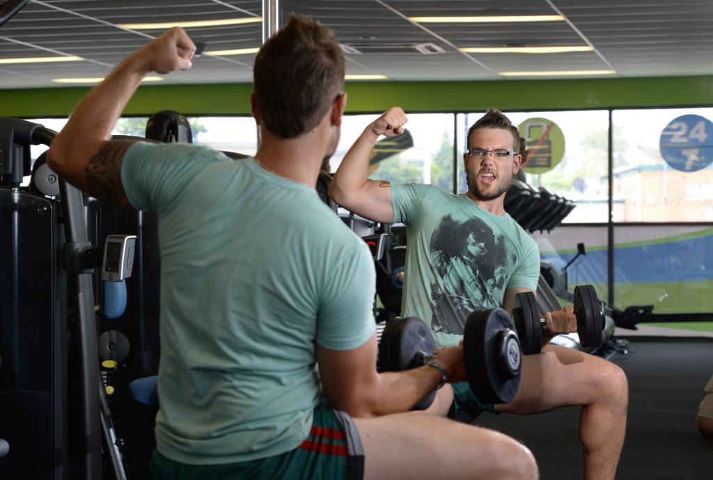 MILD-MANNERED: Peter Stringer, at Bodiez Fitness in West Ipswich, shows how not to behave while at the gym. MILD-MANNERED: Peter Stringer, at Bodiez Fitness in West Ipswich, shows how not to behave while at the gym.