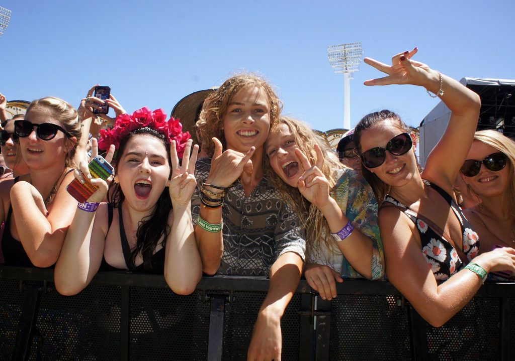 Fans enjoy The Naked & Famous's set in Metricon Stadium at the Gold Coast Big Day Out. Fans enjoy The Naked & Famous's set in Metricon Stadium at the Gold Coast Big Day Out.
