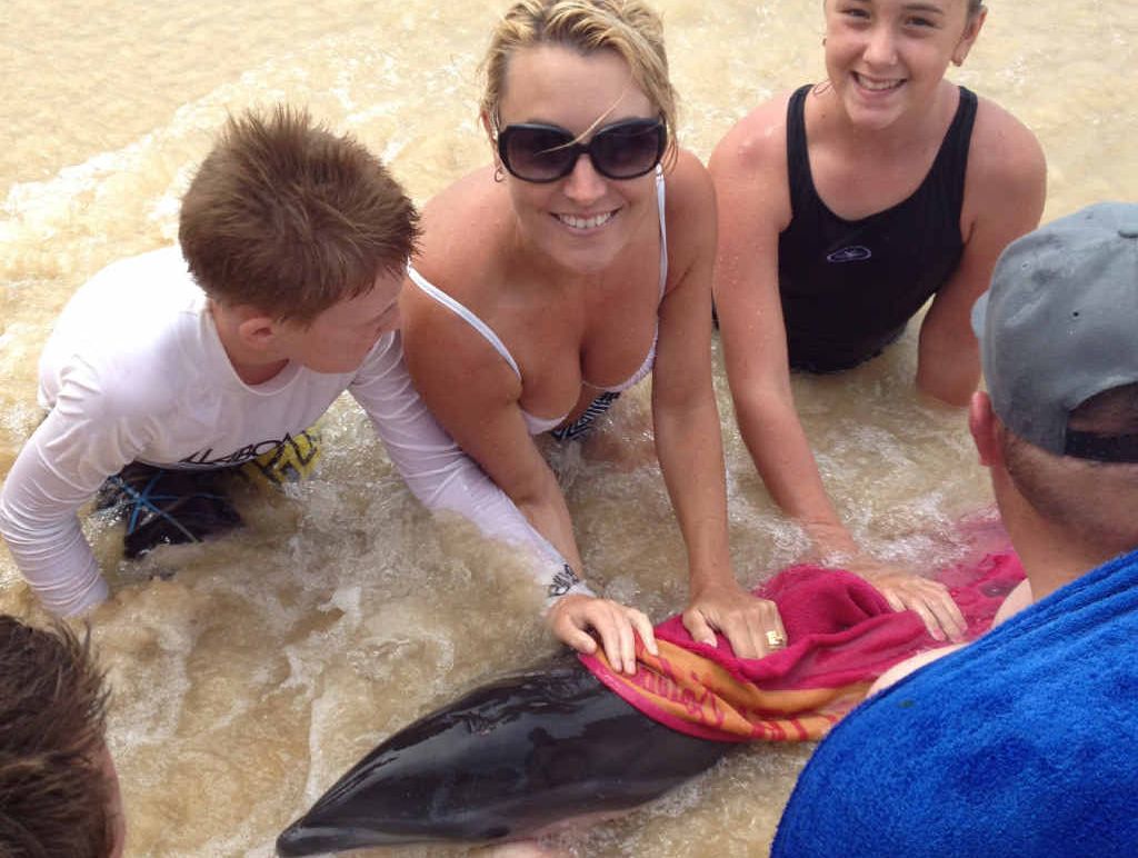 RAINBOW BEACH: Bayley, Nadine and Shayla Hall work to rescue a baby dolphin they named Sandy. RAINBOW BEACH: Bayley, Nadine and Shayla Hall work to rescue a baby dolphin they named Sandy.