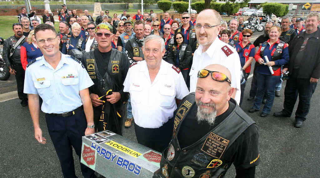 NO GO: Jim Abra (right) organiser of a charity motorcycle ride from Newcastle to Amberley RAAF Base in 2012. Jim is joined by Simon Wickson from the RAAF, Chris Rossington and Salvation Army members Bruce Dobbie and Greg Pack. NO GO: Jim Abra (right) organiser of a charity motorcycle ride from Newcastle to Amberley RAAF Base in 2012. Jim is joined by Simon Wickson from the RAAF, Chris Rossington and Salvation Army members Bruce Dobbie and Greg Pack.