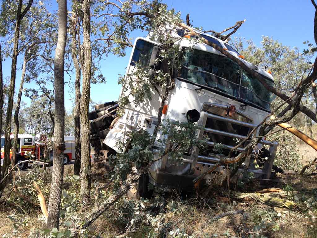 The driver of this B-double escaped with only minor injuries. The driver of this B-double escaped with only minor injuries.