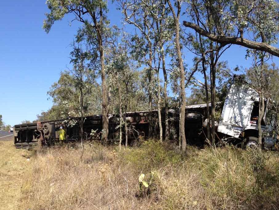 The B-double that rolled south of Toowoomba on the Gore Hwy this morning. The B-double that rolled south of Toowoomba on the Gore Hwy this morning.
